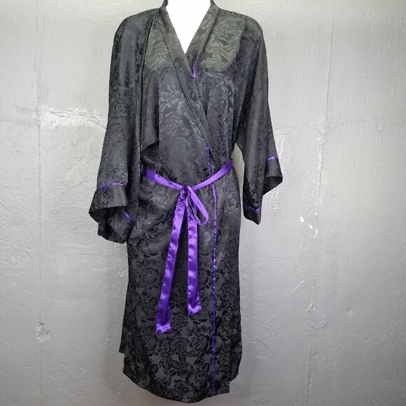 Vtg Victoria Secret Gold Label Robe One Size Satin Rose Black Purple Tie Kimono - Picture 1 of 15